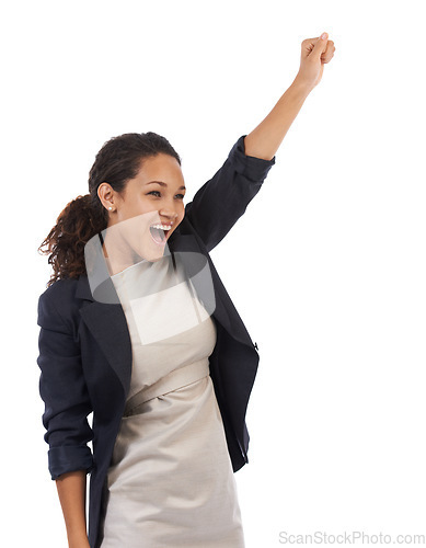 Image of Success, celebration and business woman with arm up and white background mockup. Wow, celebrate and happy successful corporate black woman with smile, empowerment and happiness, celebrating new deal.