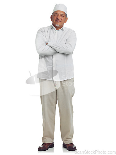 Image of Muslim senior man, happy portrait and standing in white background for Islamic fashion, religious culture and empowerment. Arab, elderly person and smile for religion lifestyle isolated in studio