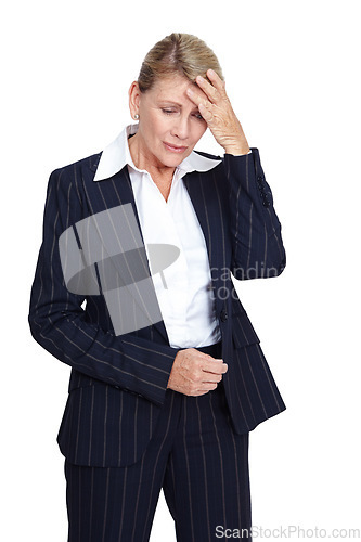 Image of Mental health, stress or sad business woman with anxiety problem, work burnout headache and depressed over job mistake. Career fail, studio depression crisis or corporate employee on white background