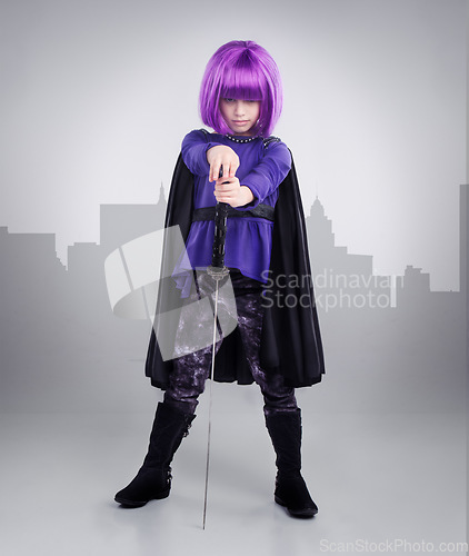 Image of Portrait, girl or hero costume, fantasy or cosplay character isolated on white studio background. Young person, female child or dress up outfit for superhero, fighter or sword on city shadow backdrop