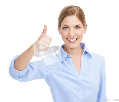 Image of Thumbs up, hand sign portrait of a woman happy about winning, deal and thank you for support or approval. Face of female with emoji for yes, sale or discount with smile isolated on white background