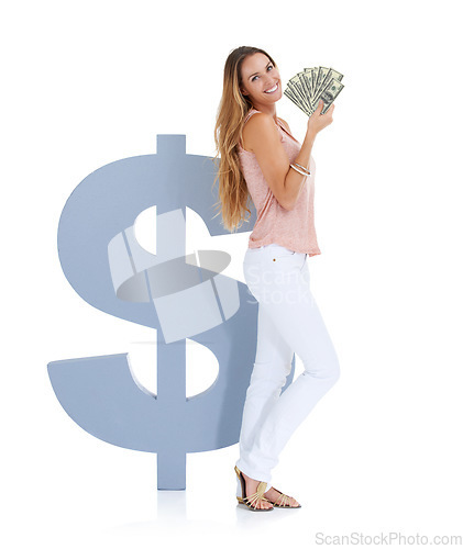 Image of Money, dollars and woman in portrait with cash for savings mockup with banking against white background. Financial happy woman with bonus and winning lotto with profit for wealth and investment