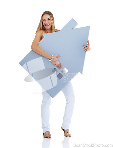 Image of Woman, happy portrait and house cutout for real estate, property investment and house vision in studio. Realtor winner, home loan approval and and property management agreement in white background