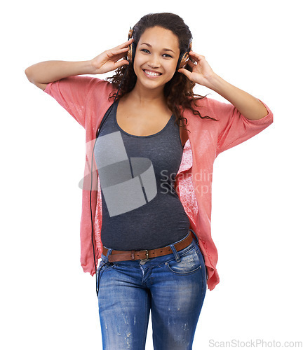 Image of Portrait, music headphones and woman in studio isolated on a white background. Face, relax and happy female with hifi headset streaming, listening or enjoying podcast, radio or audio, song or album.