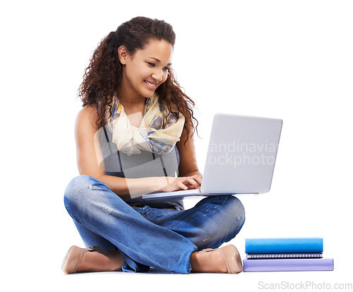 Image of Student, reading and typing notes on laptop, studying with books or planning university education, knowledge and internet research. Young black woman, web lecture and college notes on tech device