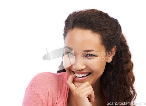 Image of Excited girl and biting finger portrait with happy, aha and cheerful smile for brainstorming. Happiness of black woman with ideas, confidence and optimistic mindset in white studio background