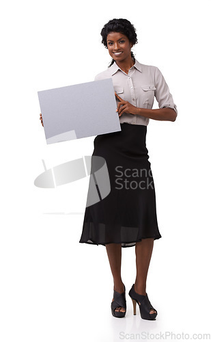 Image of Portrait, poster and mockup with an indian woman in studio on a white background holding a blank sign. Marketing, advertisng and mock up on paper with a female showing space for product placement