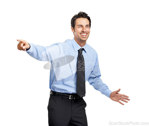 Image of Pointing, marketing and advertising with a business man in studio on a white background with mockup. Space, product placement and success with a male employee working to promote a corporate product