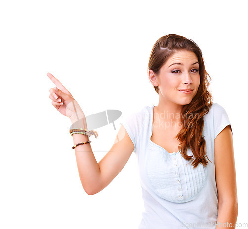 Image of Idea, insight and solution portrait of woman for innovation, creativity and inspiration marketing mockup. Satisfied girl pointing hand for ideas with smile on white studio background for advertising.