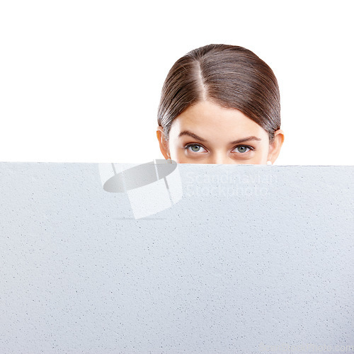 Image of Woman, marketing with mockup and poster in studio, product placement with black sign isolated on white background. Advertising portrait, board and space, female eyes and vision, branding or promotion