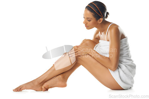Image of Body, legs and skincare woman in studio for natural beauty, aesthetic or cosmetics promotion on mockup. Model with skin care, dermatology and luxury spa check epilation or hair removal results