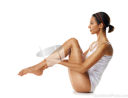 Image of Legs, health and beauty woman in a studio mockup for body health, wellness and pilates on floor. Workout, cardio and exercise model with balance for muscle goals or results on marketing mock up