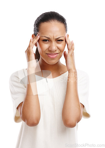 Image of Portrait, black woman and headache with stress, pain and girl isolated on white studio background. African American female, lady and depression with burnout, overworked or anxiety with hands on head