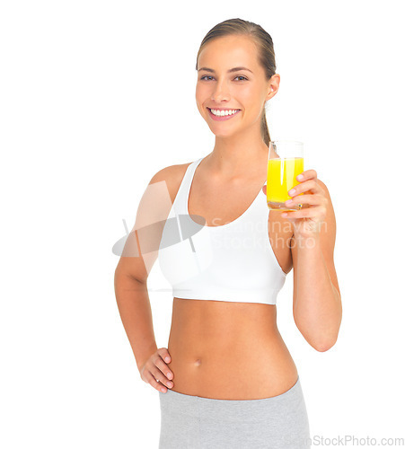 Image of Woman, studio portrait and orange juice for health, diet and wellness by white background with smile. Isolated model, healthy drink and glass for nutrition, vitamin c or natural detox for strong body