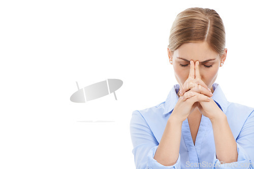 Image of Business woman, stress and anxiety with headache on mockup against a white studio background. Isolated female employee suffering from depression, thinking or frustrated with hands on head