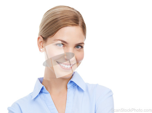 Image of Business woman, face portrait and happy on a white background with a smile for leadership and career choice. Face of a female entrepreneur in studio with pride and happiness for startup marketing