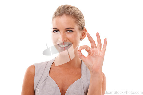 Image of Hand sign, ok and portrait of woman with smile on face, agreement and understanding on white background. Motivation, agreement and good job finger gesture, happy woman in studio with work empowerment