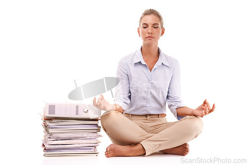 Image of Yoga, documents and business woman meditation for work stress relief, mental health peace or chakra energy healing. Paperwork pile, relax zen mindset and mindfulness girl meditate on white background