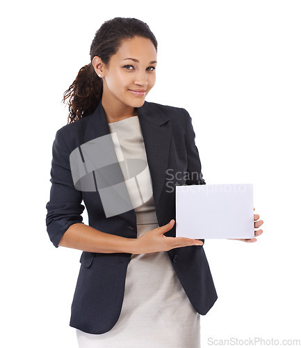 Image of Mockup, portrait and black woman with poster for marketing campaign or lady isolated on white studio background. African American female ceo, boss or entrepreneur with business sign, brand or placard