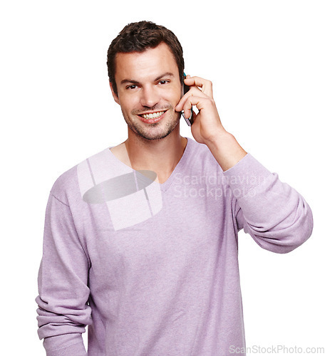 Image of Mobile, phone call and portrait of a man with smile contact online talking on technology. Isolated, happiness and conversation of a person on a mobile phone speaking with mock up and white background