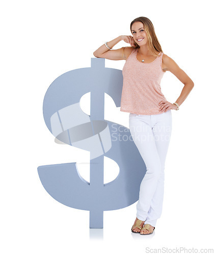 Image of Woman, dollar sign and studio portrait for saving, money goals or investment for future by white background. Financial dream, planning or vision with isolated model with smile for strategy in economy