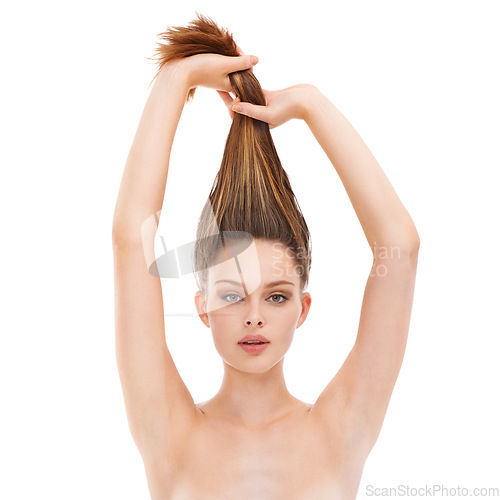 Image of Beauty, hair and portrait of a woman with cosmetics, hairdresser and shampoo product results. Female model on white background for keratin treatment and salon shine and growth advertising in studio