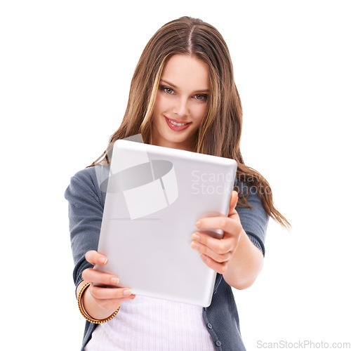 Image of Woman with tablet, smile in portrait with technology, internet and communication mockup on white background. Tech, web and young female with wireless digital device and marketing, wifi and network