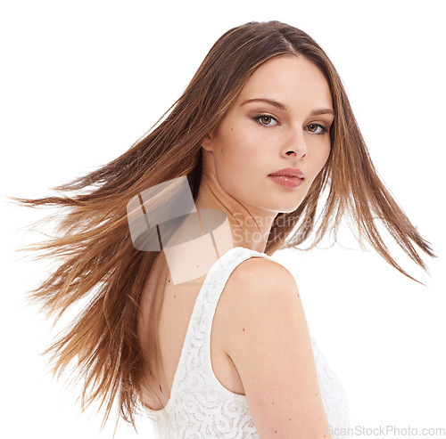 Image of Beauty, hair and salon with portrait of woman for cosmetics, fashion and luxury treatment. Isolated, hair care and shine with face of girl for keratin, glow and self care in white background studio