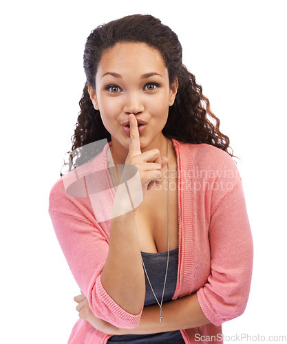 Image of Black woman, secret and quiet finger portrait for privacy communication, whisper and silent hands gesture. African girl, hand on lips and hush symbol, emoji or casual confidential sign in studio