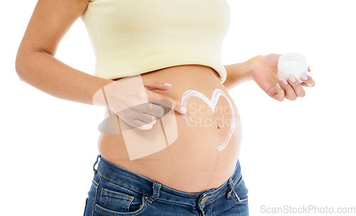 Image of Pregnant woman, abdomen and cream with heart, white background and body cosmetics. Skincare, pregnancy stomach and lotion for stretch marks, aesthetic wellness and healthy maternity for studio beauty