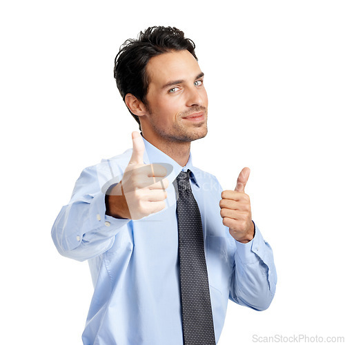 Image of Businessman portrait, hands or thumbs up on studio background in finance deal, company growth or investment success. Corporate worker, employee or hand gesture in yes mockup, thank you or winner vote