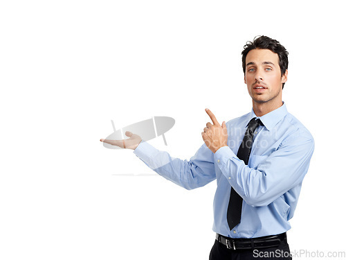 Image of Portrait, hands and businessman in studio showing space, advertising and idea isolated on white background. Face, hand and man leader with vision, goal and ideas pointing to mockup while presenting