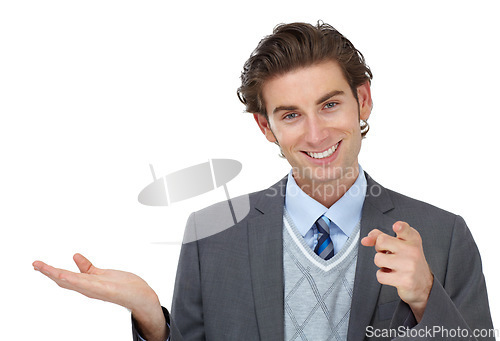 Image of Face, pointing and business man with mockup, product placement or advertising space. Portrait, branding and happy male entrepreneur, worker or employee showing copy space for marketing promotion.