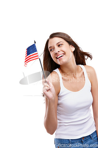 Image of Flag, usa and mockup with a model woman in studio isolated on a white background for her nation. American flag, marketing and advertising with an attractive young female posing for citizenship