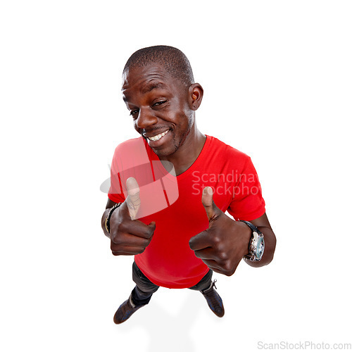 Image of Thumbs up, black man and smile of a person showing yes, thank you and agreement hand sign. Isolated, white background and looking up model standing with winner and success hands gesture with mockup