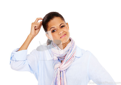 Image of Confused, thinking and portrait of a woman in a studio with a question, idea or thought. Puzzled, wondering and female model from Mexico scratching her head while isolated by a white background.