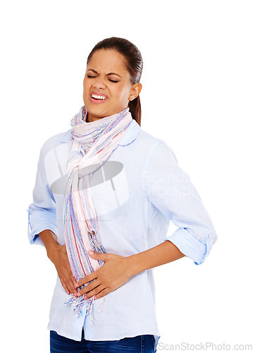 Image of Colon, digestion or constipation and a model black woman in studio isolated on a white background with stomach pain. Menstruation, stomach ache and period with a hurt young female on blank space