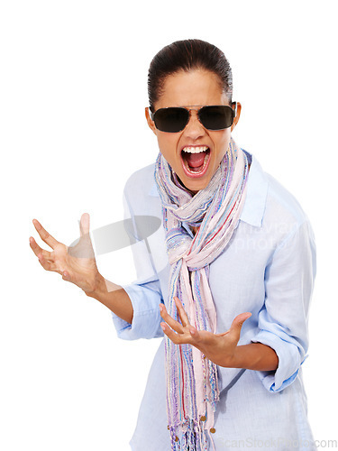 Image of Angry, frustrated and anxiety of a woman with sunglasses in in studio to scream for stress and depression. Mental health of female isolated white background for anger, psychology and crazy portrait