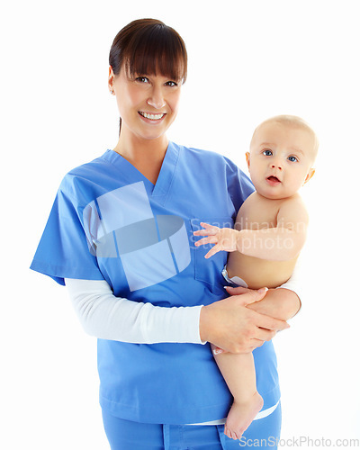 Image of Portrait, nurse and woman with baby in studio isolated on a white background. Face, healthcare and happy medical worker, physician and female pediatrician holding child, kid or toddler at hospital.