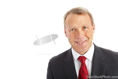 Image of Face, portrait and business man in studio isolated on a white background mockup. Boss, ceo and smile of mature, happy and proud male entrepreneur from Canada with vision, mission and success mindset.