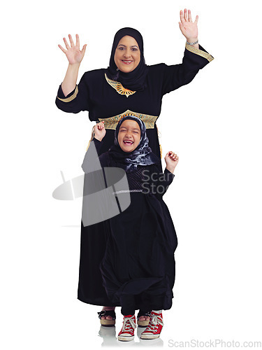 Image of Portrait, children or muslim with a mother and daughter in studio isolated on a white background together as a family. Eid, love or islam with a woman and girl bonding on blank space for religion