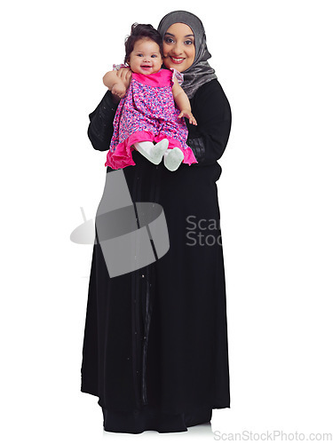 Image of Islam, body portrait of mother and baby, proud mama happy in hijab and isolated on white background. Love, family and growth, muslim woman with toddler daughter and Islamic culture in studio in Egypt
