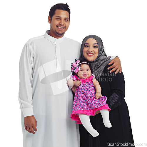 Image of Muslim portrait, happy family and parents with a baby for Islam religion love, peace and arab culture. Smile of islamic woman, man and child together for eid or ramadan isolated on a white background