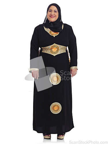 Image of Fashion, white background and portrait of senior Muslim woman with confidence, elegance and happy attitude. Culture, religion and female isolated in studio with Islamic, cultural and Arabian clothes