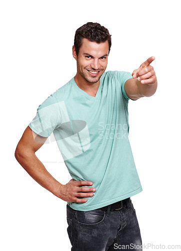 Image of Man, happy portrait and pointing finger in studio for advertising, marketing mockup and product suggestion isolated white background. Handsome male, confident smile and point hands for choice