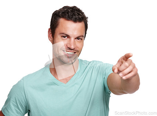 Image of Handsome man, smile portrait and pointing finger for advertising, marketing mockup and product suggestion in white background. Person, confident and point hands or calm happiness isolated in studio