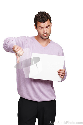 Image of Man, thumbs down hand sign and portrait of model show marketing and advertising poster. White background, isolated and sales board poster for no branding message on a mockup billboard on paper