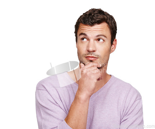 Image of Man, thinking and face with idea at mockup space for advertising, motivation and inspiration in studio. Male model isolated on a white background to think product placement ideas with hand on chin