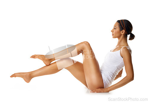 Image of Studio, legs and body of woman on floor for fitness with health, wellness and pilates workout mockup. Training, cardio and exercise model with balance for muscle goals or results on marketing mock up