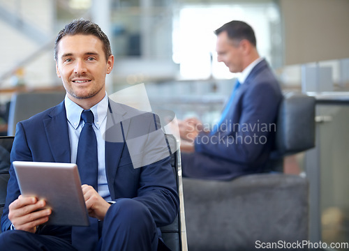 Image of Corporate, portrait or travel businessman with tablet for invest strategy, finance growth or financial review. Airport, smile or manager for networking, tax data analysis or economy data research